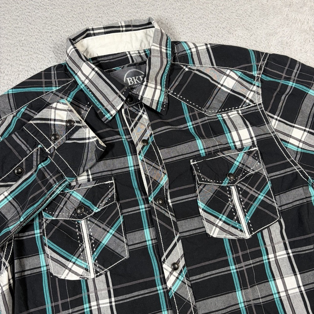 BKE Shirt Mens XL Western Pearl Snap Plaid Blue Black Long Sleeve Pockets Y2K